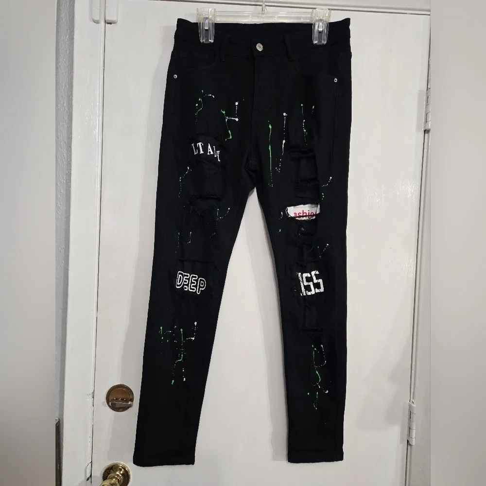 Unbranded Men's Black Distressed Jeans with Green Accents Sz 30